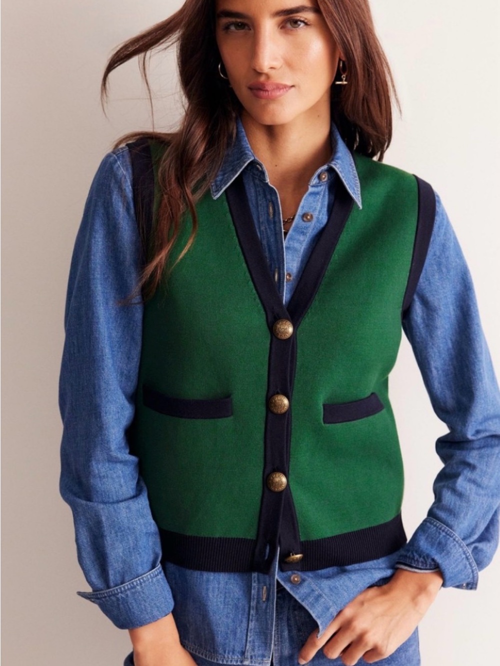 Boden Holly Knitted Waistcoat Eden Green Crafted in 100 Cotton Navy Contrast